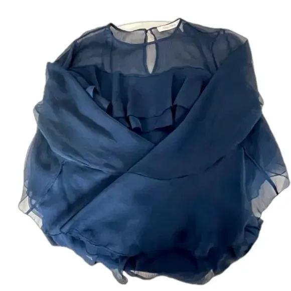 See By Chloe Sheer Navy Ruffle Blouse w/ Cami Top Boho Romantic Medium - Picture 12 of 17